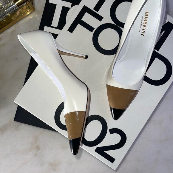 Burberry Annalise Mixed-Media Cap-Toe Pumps in Optic White in Multi - Picture 3 of 17